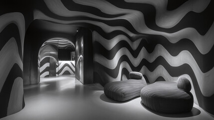 Monochromatic interior design with mesmerizing undulating wavy patterns covering walls and ceiling, creating a unique and visually dynamic lounge space with modern seating
