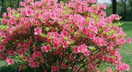 Fototapeta premium Vibrant pink azalea bush bursting with blossoms and green leaves in a sunny garden