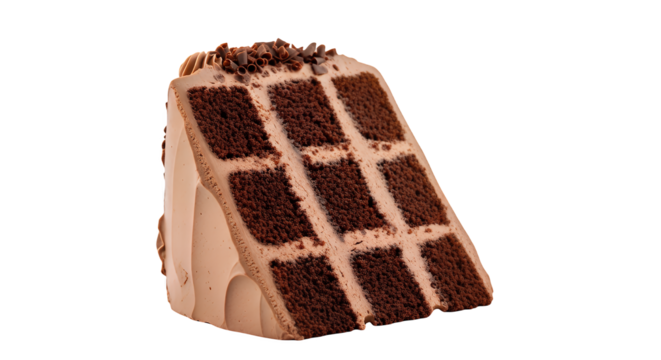 A tall slice of moist chocolate layer cake with smooth cocoa frosting and chocolate crumb topping, isolated on transparent background