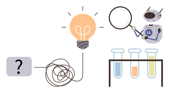 Question mark linked to lightbulb, AI robot analyzing data using magnifier, test tubes. Ideal for innovation, problem-solving, research, artificial intelligence, technology, creativity discovery