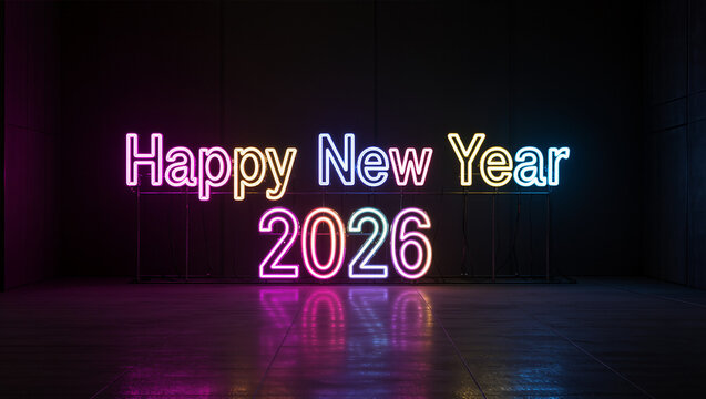 Vibrant neon sign Wishing Happy New Year 2026, bright future concept, festive greetings, modern celebration, glowing text on dark background, party mood - Powered by Adobe