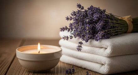 Warm lit candle, fluffy white towels, and fresh lavender blossoms on a wooden surface