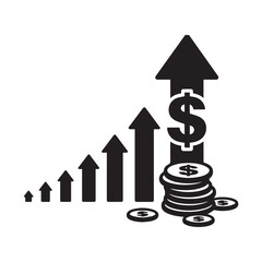 Financial Success Increasing Arrows and Stacked Dollar Coins Showing Profit Growth. 