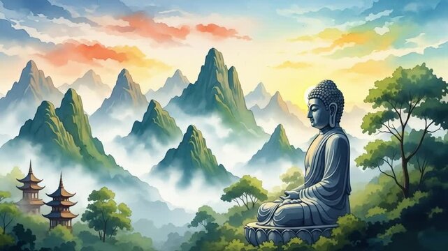 
Watercolor statue of lord buddha, Mahayana Buddhism