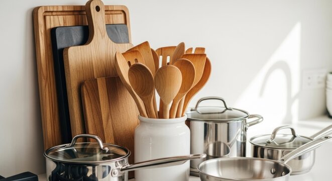 Warm light on kitchen counter with wooden boards, utensils, and shiny steel cookware