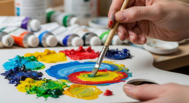Person painting with brush on palette
