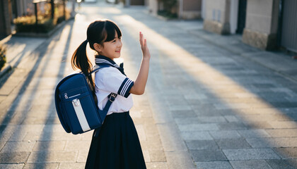 学校からの帰り道、友達に手を振って別れる日本人小学生