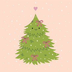 Cute Christmas tree decorated with bows. Vector graphics.