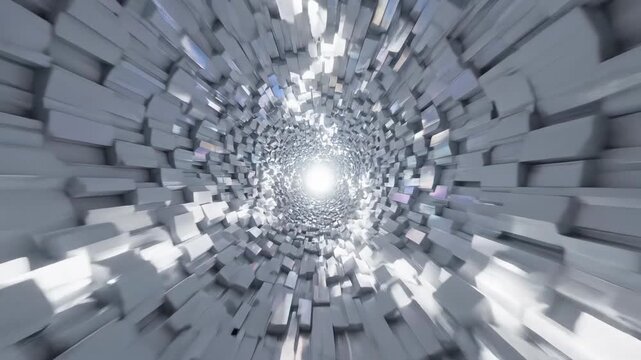 Slow cinematic camera dolly move through an endless white geometric tunnel of pulsating light representing omnipresent existence and dimensional travel hypnotic, minimalist, design