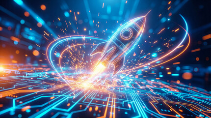Obraz premium Cyber rocket launch on glowing digital board