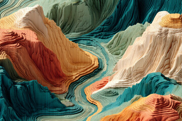 Topographic Map Illustration with Contour Lines, Coral Valleys to Sage Peaks, Emotional Landscape and Contemporary Data Visualization
