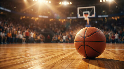 Basketball on court with hoop and crowd
