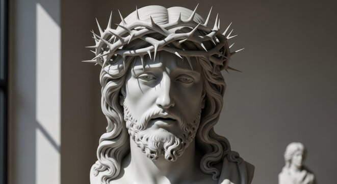 White bust of a solemn bearded man with long hair wearing a crown of thorns