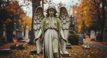 Obraz premium Weathered stone angel statue standing among fallen autumn leaves in a quiet cemetery