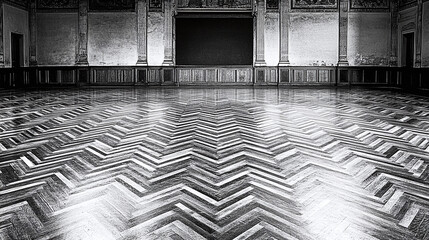 An empty ornate ballroom with a polished herringbone wooden floor reflecting the ambient light from the ceiling