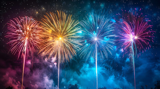Vibrant colorful fireworks exploding in the night sky creating a dazzling display of light