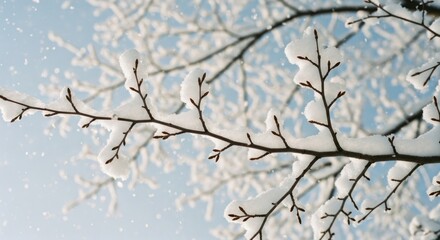 Winter scene bare tree branches heavily covered in snow, under a blue sky, falling flakes