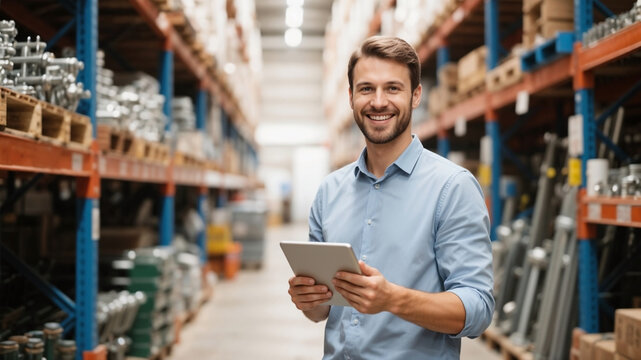 Cheerful man with tablet in hardware store warehouse