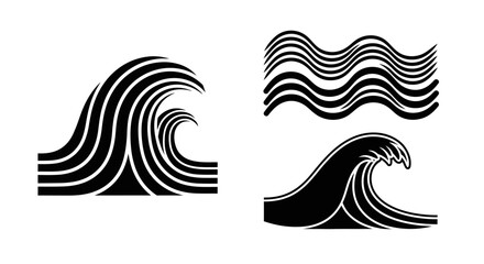 A collection of stylized black and white ocean wave vector icons.