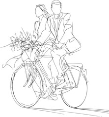 Elegant minimalist sketch of a couple riding a bicycle with flowers for a special occasion
