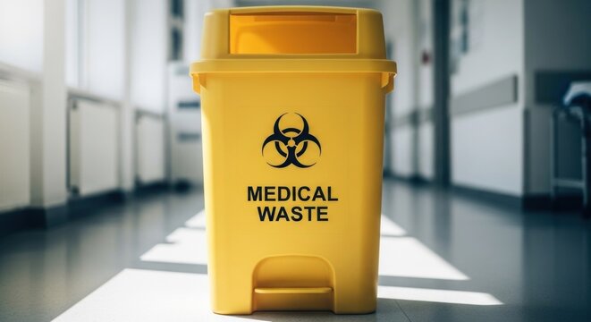 Yellow medical waste bin with biohazard symbol in bright hospital hallway, sterile environment