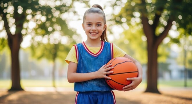 Young girl in basketball uniform smiles, holding ball outdoors with sun-dappled trees