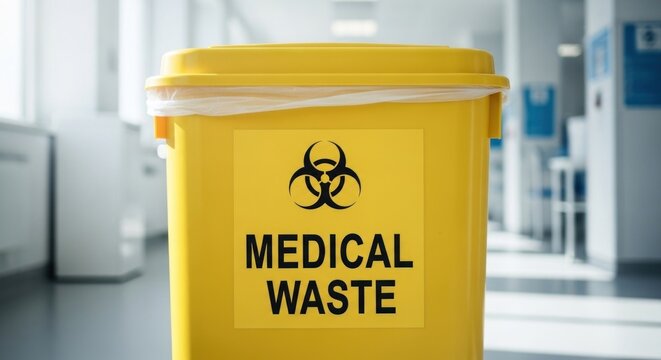 Yellow medical waste bin with biohazard symbol in a bright hospital corridor