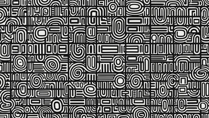 Abstract black and white pattern with geometric shapes and lines.