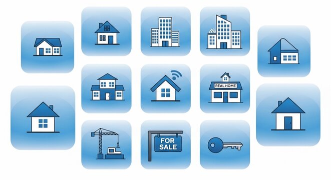 Collection of blue real estate icons featuring various property types, construction, and sale symbols.