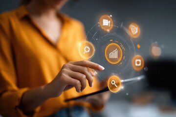 Businesswoman using digital tools for marketing strategies and data analysis in an office setting during the day