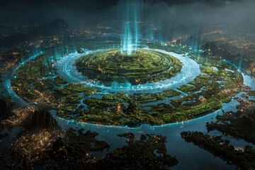 A stunning data visualization hologram hovering over a thriving green city. The data streams ,renewable energy. Clean earth's atmosphere