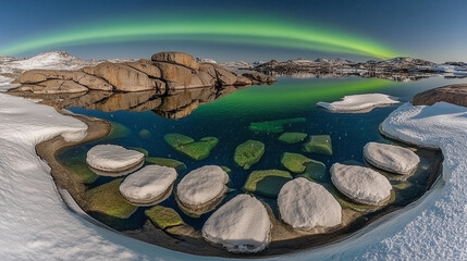 Greenland Landscape with Aurora Borealis A Natural Display Over Snow-Covered Rocks and Ice