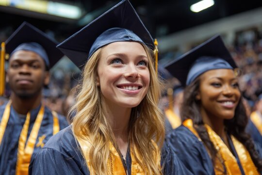 Graduation ceremony with students celebrating their achievements in caps and gowns at a university auditorium during the annual commencement event
