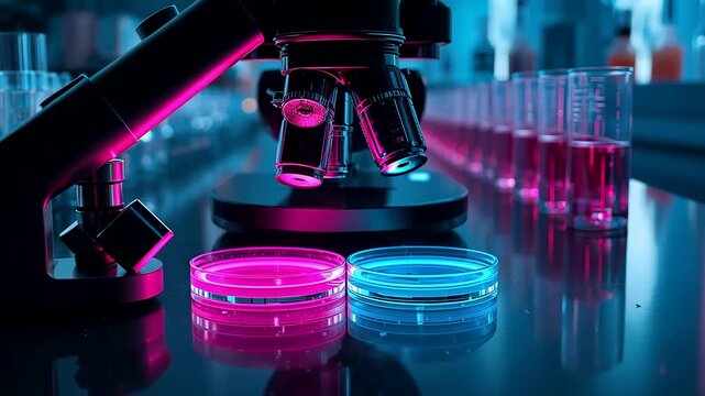 Laboratory microscope with glowing pink and blue petri dishes surrounded by rows of test tubes creating a vibrant scientific research and analysis environment