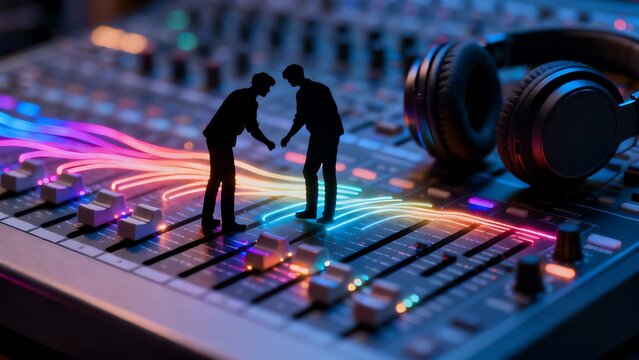 Generative AI music producers collaborate with neon sound waves.