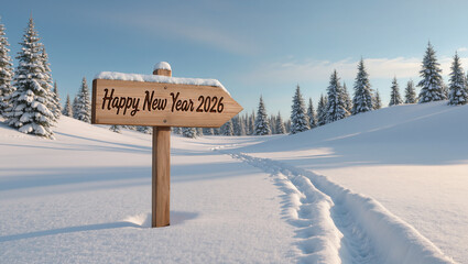 Wishing you a Happy New Year 2026 with snowy winter wonderland scenery and a wooden sign, perfect for holiday greetings and festive promotions
