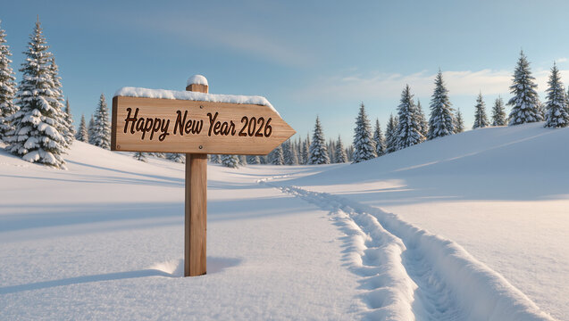 Wishing you a Happy New Year 2026 with snowy winter wonderland scenery and a wooden sign, perfect for holiday greetings and festive promotions