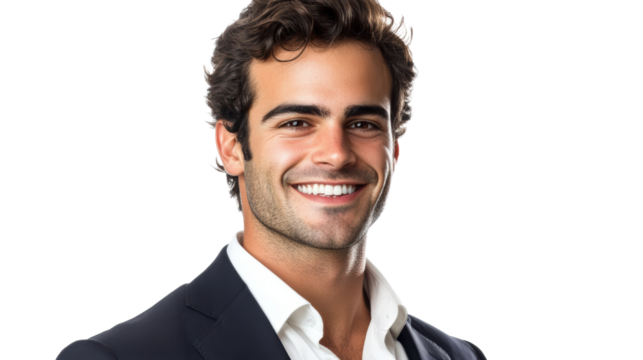 Smiling man in open white shirt