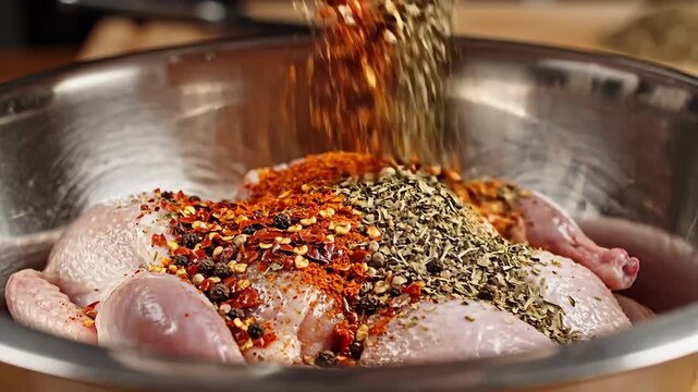 Seasoning a Whole Raw Chicken with a Blend of Spices.