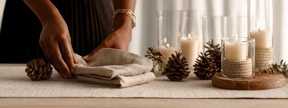 Close view of woman folding linen napkins beside pinecones and candlelight in warm natural tones. banner 