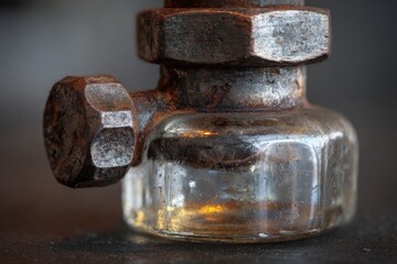 Exploring the details of a mechanical oil bottle with worn metal components and a glass base reflecting light in a workshop setting
