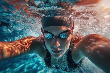 Underwater capture of female swimmer focusing on technique and movement in clear blue water during a training session