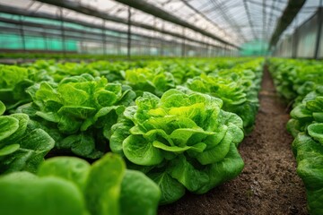 Hydroponic vegetable farm showcasing fresh green lettuce in a large greenhouse filled with natural light