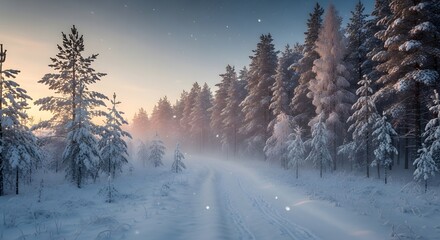 Golden light warms snowy forest path pine trees heavy with snowflakes peaceful winter scene evokes quiet solitude
