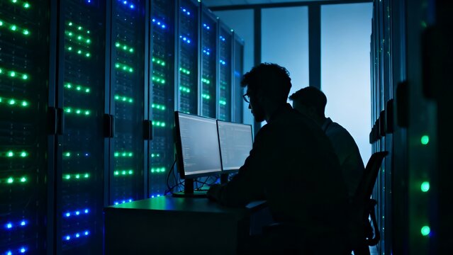 Generative AI network technicians monitoring server room operations. - Powered by Adobe