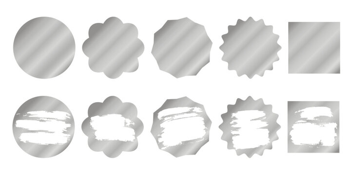 Set of silver sketch cards. Stickers with metallic protective layer effect for instant lottery, coupon and prize money. Template of full protective layer and distressed. Vector graphic