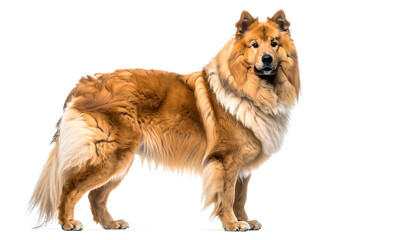 Rough collie standing alert looking forward on white background