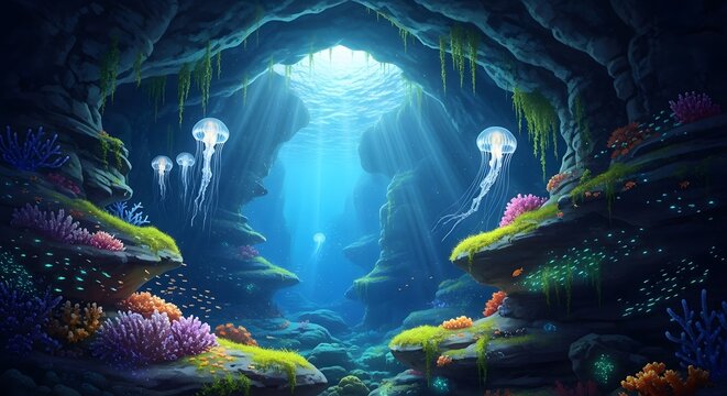 Sunlight streams into underwater cave glowing jellyfish and coral create magical marine fantasy