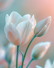 Obraz premium Soft focus close up of delicate white tulips with gentle pastel background