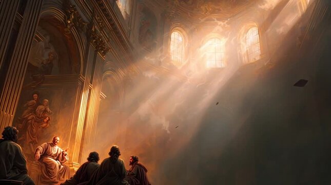 Classical religious art style with warm ochre tones, soft, heavenly light illuminating the scene, evoking reverence, serenity, and sacred atmosphere